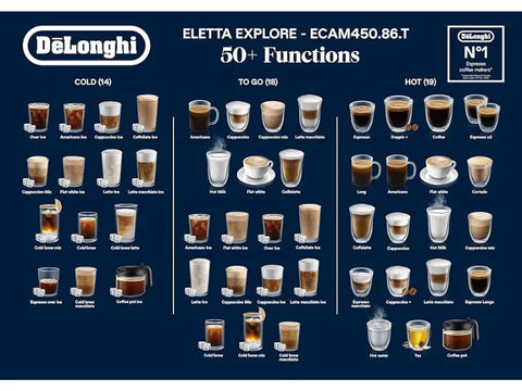 De'Longhi Eletta Explore Bean To Cup Espresso Machine - +50 Hot & Cold Drinks - CAFELAX