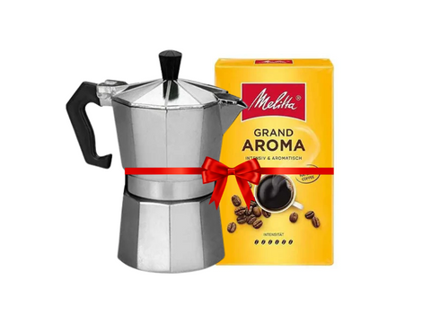 Silver Moka Pot - 3 Cups + Melitta Grand Aroma Ground Coffee 500g Bundle