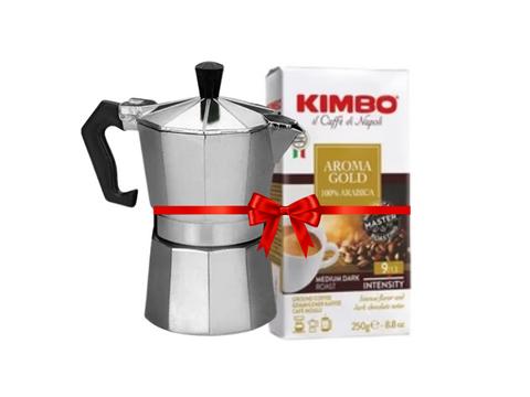 Silver Moka Pot - 3 Cups + Kimbo Aroma Gold Ground Coffee 250g Bundle