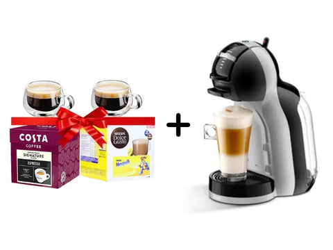 Nescafe Dolce Gusto Mini Me Machine + Nescafe Nesquik Dolce Gusto Coffee Capsules + Costa Signature Blend Espresso Dolce Gusto Coffee Capsules - 16 Capsules + 2 Double Glass Cups