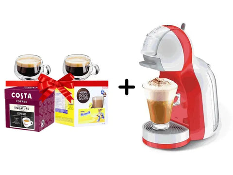 Nescafe Dolce Gusto Mini Me Machine + Nescafe Nesquik Dolce Gusto Coffee Capsules + Costa Signature Blend Espresso Dolce Gusto Coffee Capsules - 16 Capsules + 2 Double Glass Cups