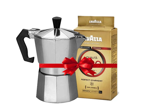 Lavazza Qualita ORO Ground Coffee 250g + Silver Moka Pot - 3 Cups - CAFELAX