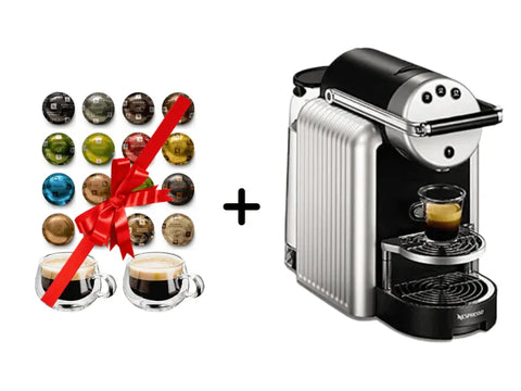 Nespresso Zenius Professional Capsules Espresso Machine - Silver + 50 Nespresso Professional Variant Capsules +Double Glass Espresso Cup - CAFELAX