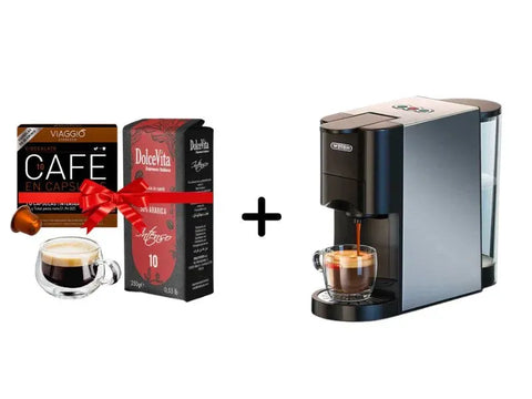 HiBREW 5-In-1 Multi-Function Espresso Machine - H3a + Viaggio Arabica Coffee Capsules - 10 Capsules + DolceVita Intenso Ground Coffee 250g + Double Glass Cups