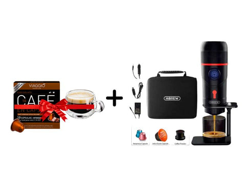 HiBREW Portable 3-in-1 Espresso Maker + 1 Viaggio Arabica Coffee Capsules - 10 Capsules + 1 Double Glass Cup