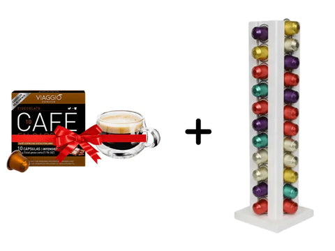 Cafelax Wooden Nespresso Coffee Capsules Stand - 44 Capsules + 1 Viaggio Caramello Coffee Capsules - 10 Capsules + 1 Double Glass Cup - CAFELAX