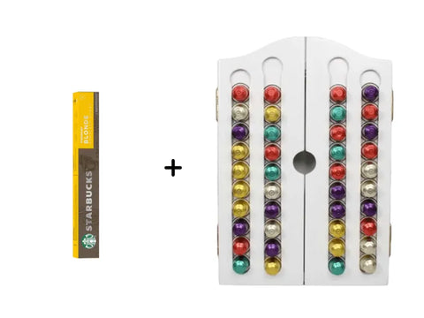 Wooden Nespresso Coffee Capsules cupborad - 40 Capsules & 7 Sleeves + 1 Starbucks Blonde Coffee Capsules - 10 Capsules - CAFELAX