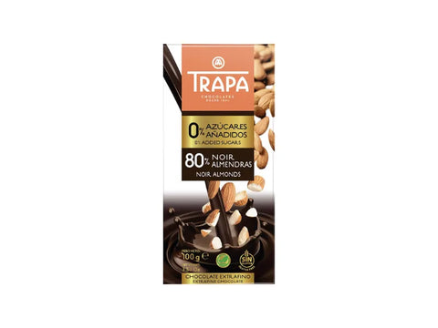 TRAPA DARK Chocolate Bar 80% No added sugars with almonds 100g - CAFELAX