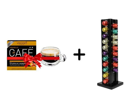 Cafelax Wooden Nespresso Coffee Capsules Stand - 44 Capsules + 1 Viaggio Caramello Coffee Capsules - 10 Capsules + 1 Double Glass Cup