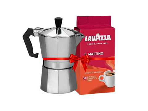 Silver Moka Pot - 3 Cups + Lavazza IL Mattino Ground Coffee 250g Bundle