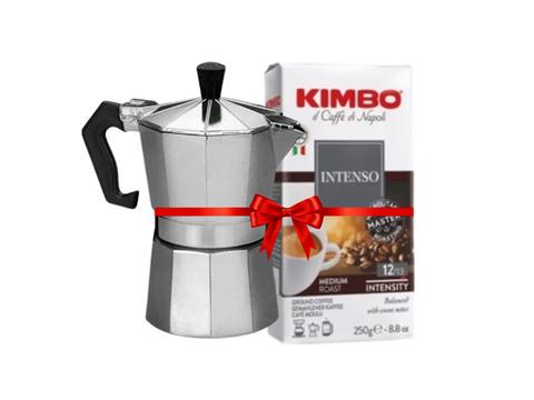 Silver Moka Pot - 3 Cups + Kimbo Intenso Ground Coffee 250g Bundle