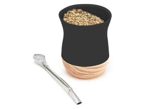Balibetov Ceramic Mate Set With Wooden Base - Black - CAFELAX