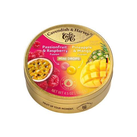 Cavendish & Harvey Fruit Fusion Drops Passion Fruit & Raspberry / Pineapple & Mango Candy 130g