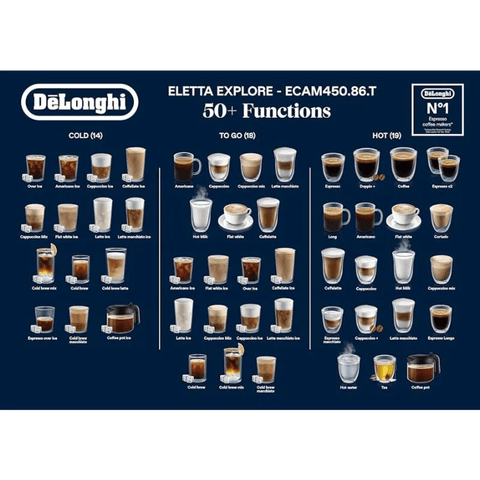 De'Longhi Eletta Explore Bean To Cup Espresso Machine - +50 Hot & Cold Drinks - CAFELAX
