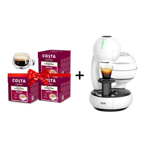De'Longhi Nescafe Dolce Gusto Esperta Machine - White + 3 Costa Signature Blend Amricano Dolce Gusto Coffee Capsules - 16 Capsules + Double Glass Cup - CAFELAX