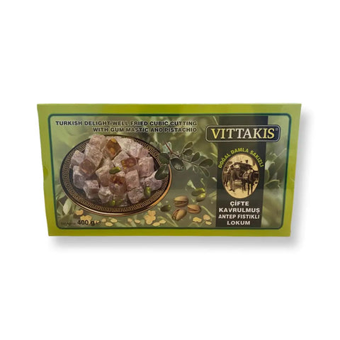" EX: 31-10-2026" Vittakis Turkish Delight Well Fried Cubic Cutting with Gum Mastic and Pistachio 400g