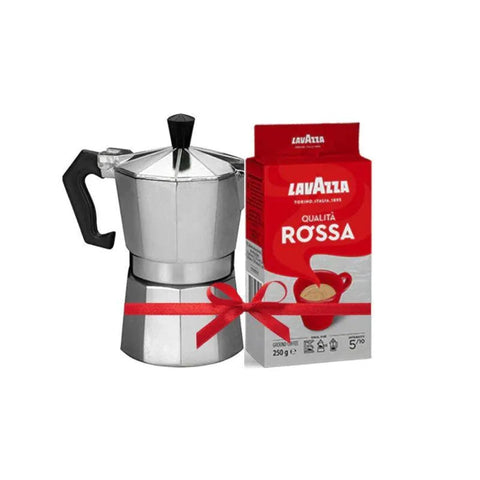 Lavazza Qualita Rossa Ground Coffee 250g + Silver Moka Pot - 3 Cups - CAFELAX