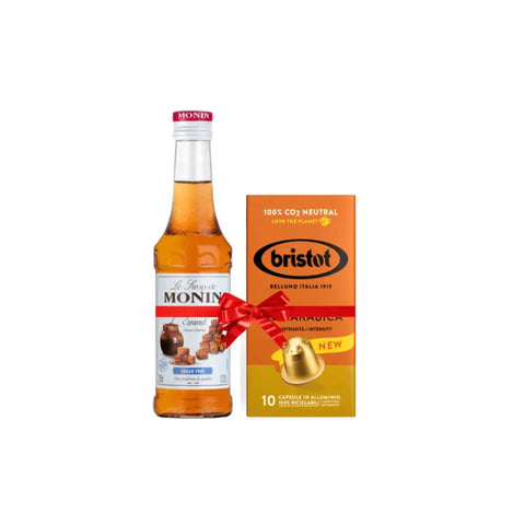 Monin Caramel Sugar free Syrup 250 ml + Bristot Lungo Coffee 10 Capsules