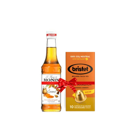 Monin Caramel Syrup 250ml + Bristot 100% Arabica Coffee 10 Capsules