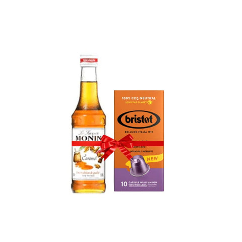 Monin Caramel Syrup 250ml + Bristot Lungo Coffee 10 Capsules