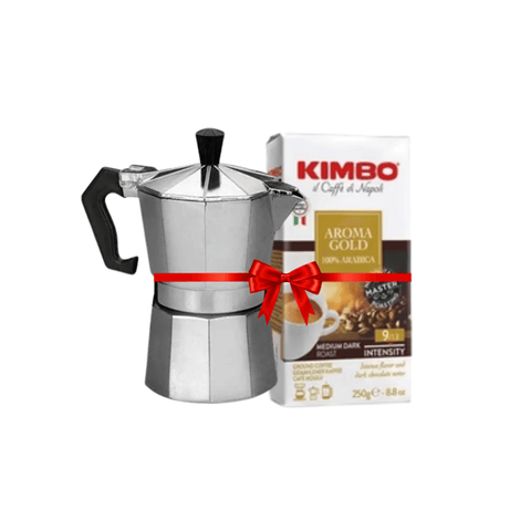 Silver Moka Pot - 3 Cups + Kimbo Aroma Gold Ground Coffee 250g Bundle