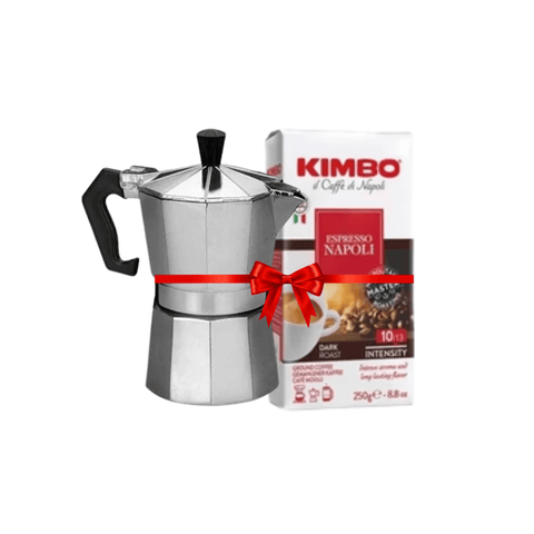 Silver Moka Pot - 3 Cups + Kimbo Espresso Napoli Ground Coffee 250g Bundle