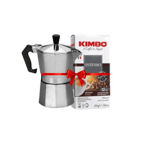 Silver Moka Pot - 3 Cups + Kimbo Intenso Ground Coffee 250g Bundle