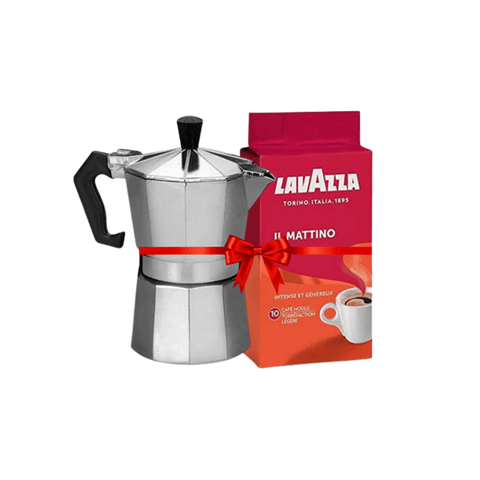 Silver Moka Pot - 3 Cups + Lavazza IL Mattino Ground Coffee 250g Bundle