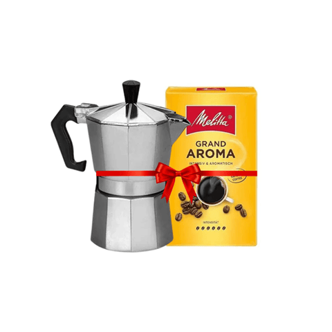 Silver Moka Pot - 3 Cups + Melitta Grand Aroma Ground Coffee 500g Bundle