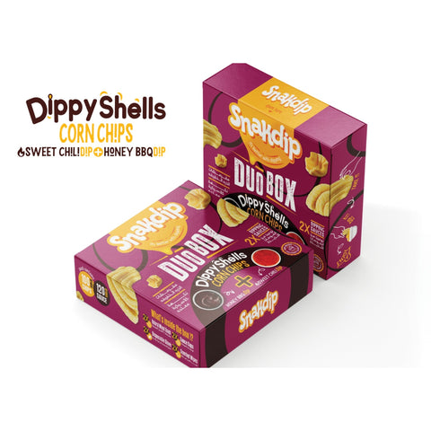 Snakdip Duo Box Dippy Shells Corn Chips " Honey BBQ + Sweet Chili Dipping " - 345g