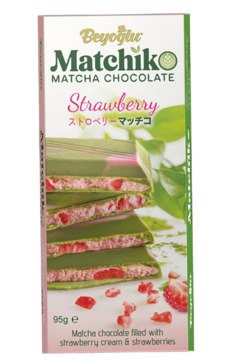Beyoglu Matcha Chocolate Filled With Strawberry Cream and Strawberries 95g