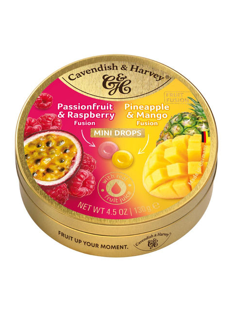 Cavendish & Harvey Fruit Fusion Drops Passion Fruit & Raspberry / Pineapple & Mango Candy 130g