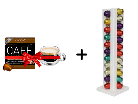 Cafelax Wooden Nespresso Coffee Capsules Stand - 44 Capsules + 1 Viaggio Caramello Coffee Capsules - 10 Capsules + 1 Double Glass Cup