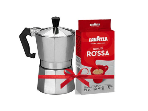Lavazza Qualita Rossa Ground Coffee 250g + Silver Moka Pot - 3 Cups